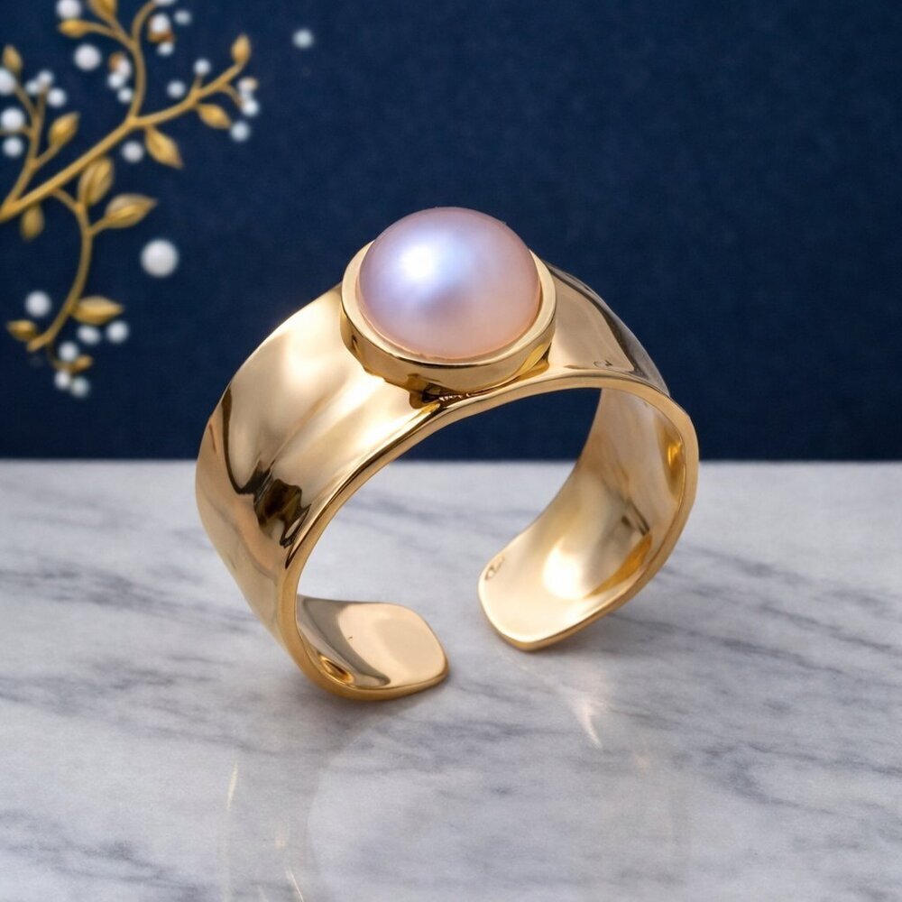 Celestial Statement Ring 18K Gold Plated Adjustable with Faux Pearl Glow - Picture 10 of 12